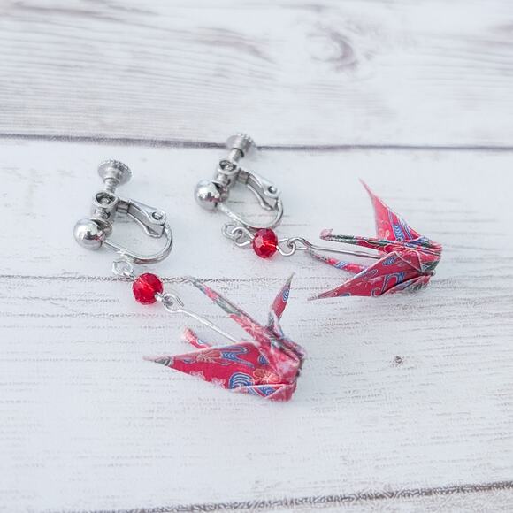 Vintage Clip On Earrings Origami Crane Dangle Earrings - Picture 7 of 15